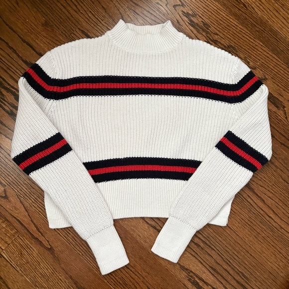 Lottie Moss Sweaters - Lottie Moss Mock Neck Sweater with Red and Navy Stripes